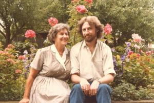 Mum and Terry amongst roses, Hadley Wood Garden