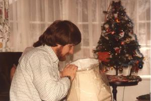 Peter inspecting new lampshade, Christmas, Hadley Wood