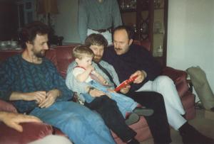 Terry Mathew Peter and Chris on sofa, mark in background, Hadley Wood