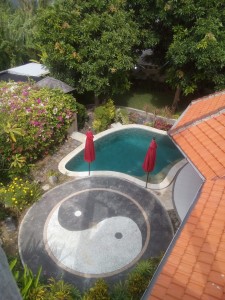 Aerial view of garden and pool